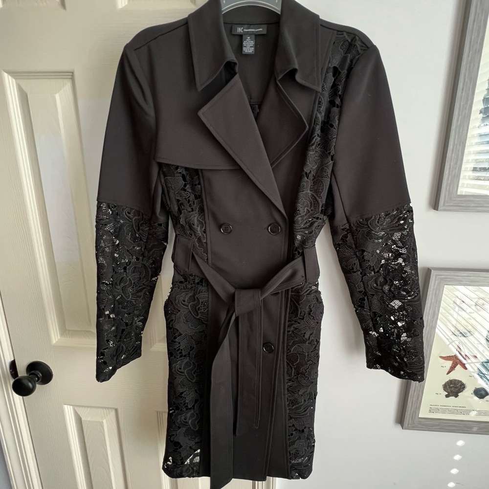 INC international concepts Macys black lace trench coat Sz M